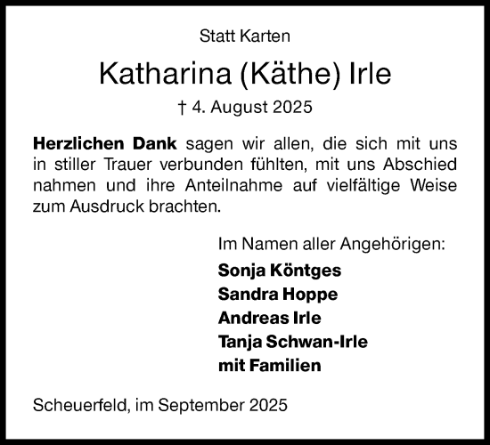 Traueranzeige von Katharina Irle von Siegener Zeitung