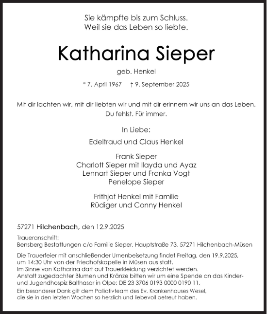 Traueranzeige von Katharina Sieper von Siegener Zeitung