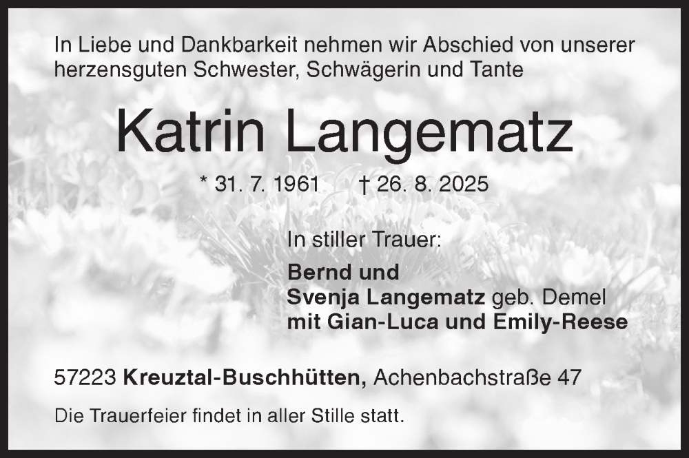  Traueranzeige für Katrin Langematz vom 29.08.2025 aus Siegener Zeitung