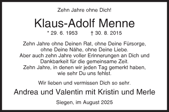 Traueranzeige von Klaus-Adolf Menne von Siegener Zeitung