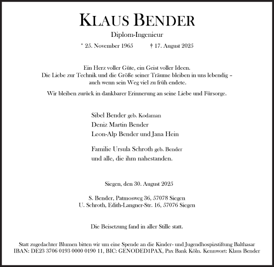 Traueranzeige von Klaus Bender von Siegener Zeitung