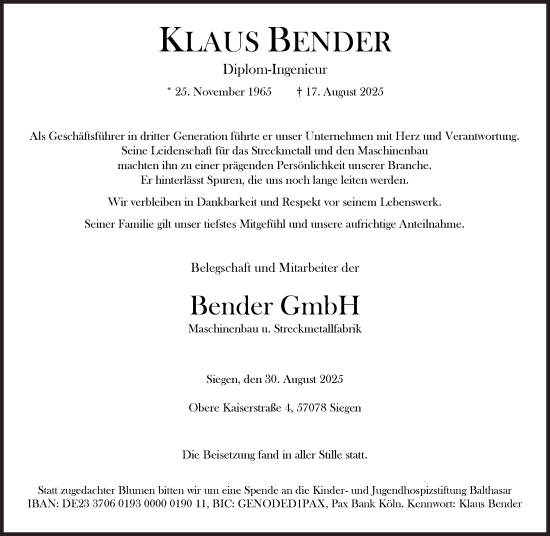 Traueranzeige von Klaus Bender von Siegener Zeitung