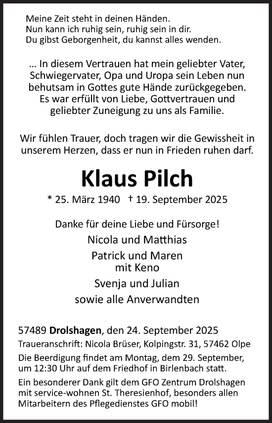 Traueranzeige von Klaus Pilch von Siegener Zeitung