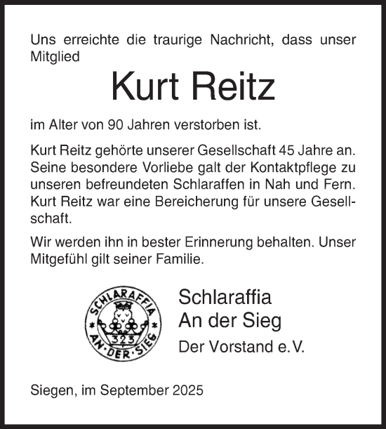 Traueranzeige von Kurt Reitz von Siegener Zeitung