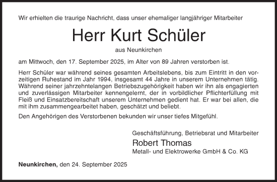 Traueranzeige von Kurt Schüler von Siegener Zeitung