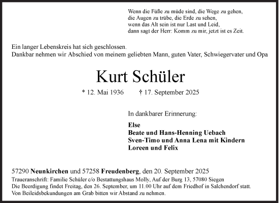 Traueranzeige von Kurt Schüler von Siegener Zeitung