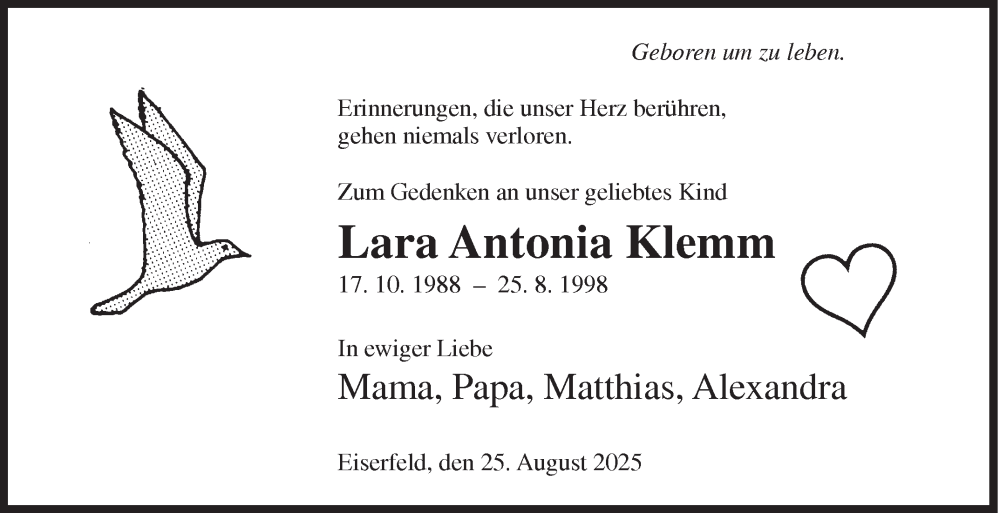  Traueranzeige für Lara Antonia Klemm vom 25.08.2025 aus Siegener Zeitung