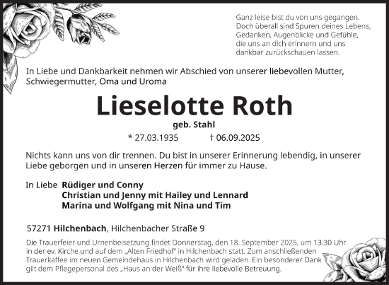Traueranzeige von Lieselotte Roth von Siegener Zeitung