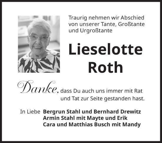 Traueranzeige von Lieselotte Roth von Siegener Zeitung
