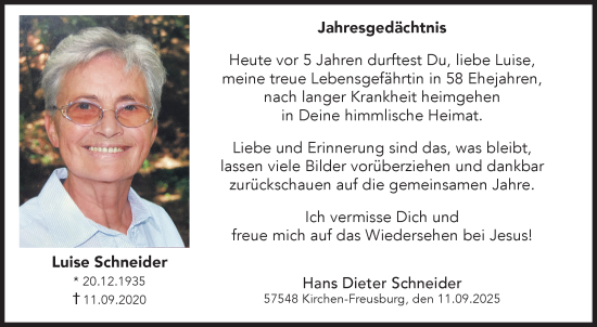 Traueranzeige von Luise Schneider von Siegener Zeitung