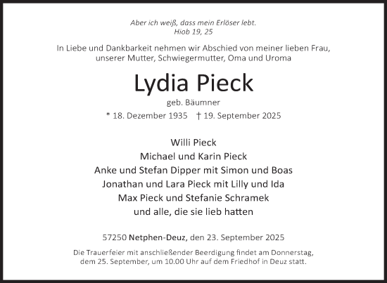 Traueranzeige von Lydia Pieck von Siegener Zeitung
