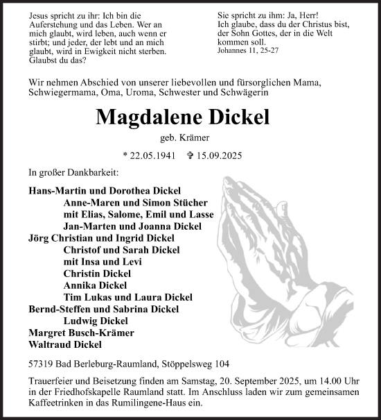 Traueranzeige von Magdalene Dickel von Siegener Zeitung