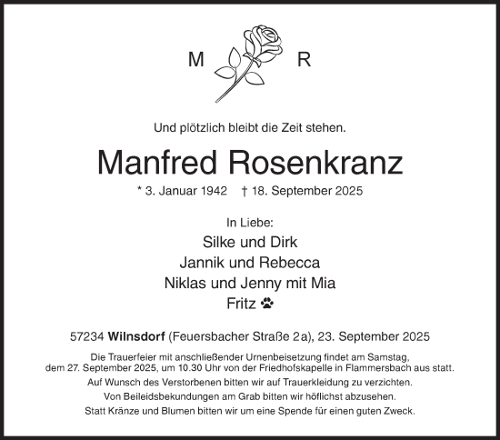 Traueranzeige von Manfred Rosenkranz von Siegener Zeitung