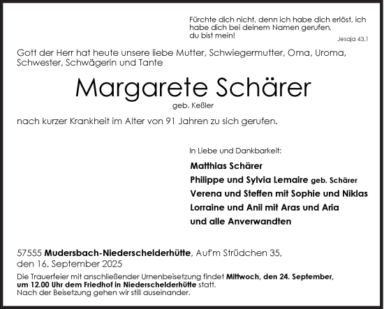 Traueranzeige von Margarete Schärer von Siegener Zeitung