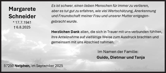 Traueranzeige von Margarete Schneider von Siegener Zeitung