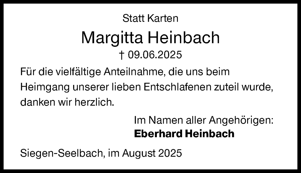  Traueranzeige für Margitta Heinbach vom 28.08.2025 aus Siegener Zeitung