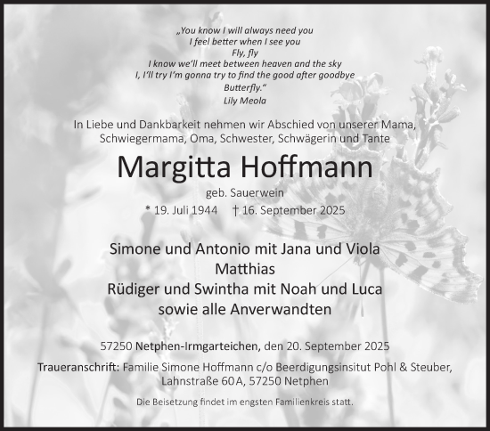 Traueranzeige von Margitta Hoffmann von Siegener Zeitung