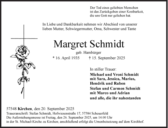 Traueranzeige von Margret Schmidt von Siegener Zeitung