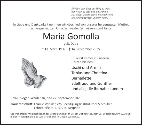 Traueranzeige von Maria Gomolla von Siegener Zeitung