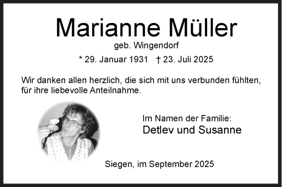 Traueranzeige von Marianne Müller von Siegener Zeitung