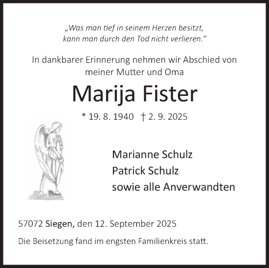 Traueranzeige von Marija Fister von Siegener Zeitung
