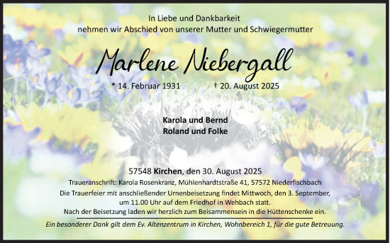 Traueranzeige von Marlene Niebergall von Siegener Zeitung