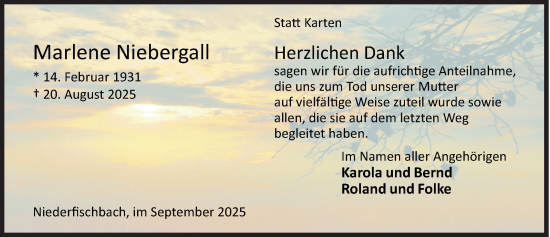Traueranzeige von Marlene Niebergall von Siegener Zeitung