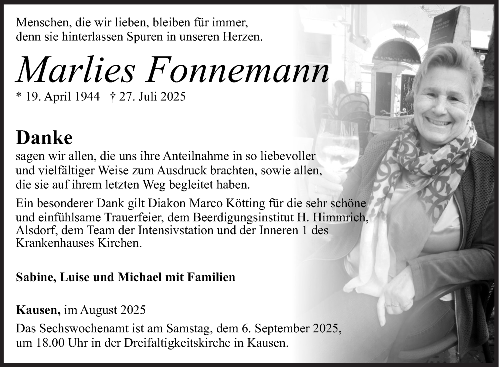  Traueranzeige für Marlies Fonnemann vom 30.08.2025 aus Siegener Zeitung