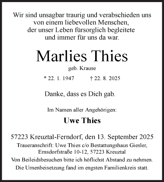 Traueranzeige von Marlies Thies von Siegener Zeitung