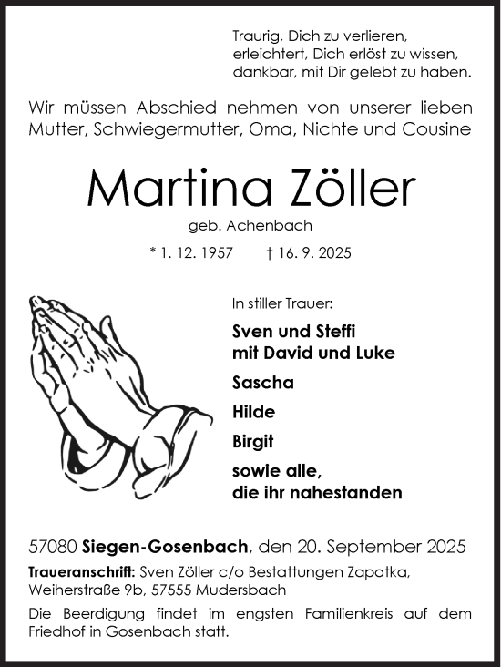 Traueranzeige von Martina Zöller von Siegener Zeitung