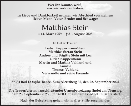 Traueranzeige von Matthias Stein von Siegener Zeitung