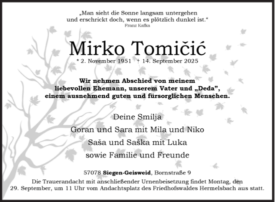 Traueranzeige von Mirko Tomičic von Siegener Zeitung