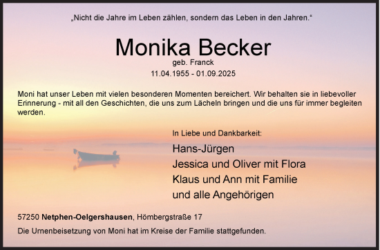 Traueranzeige von Monika Becker von Siegener Zeitung