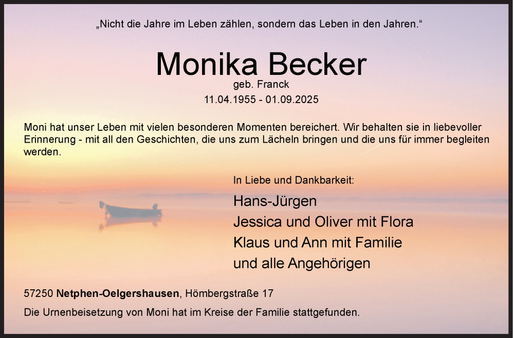  Traueranzeige für Monika Becker vom 19.09.2025 aus Siegener Zeitung