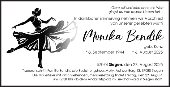 Traueranzeige von Monika Bendik von Siegener Zeitung