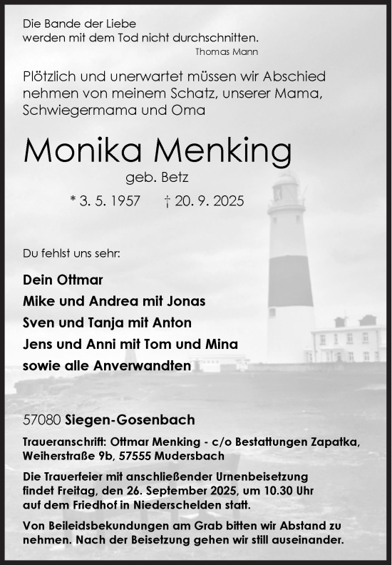 Traueranzeige von Monika Menking von Siegener Zeitung