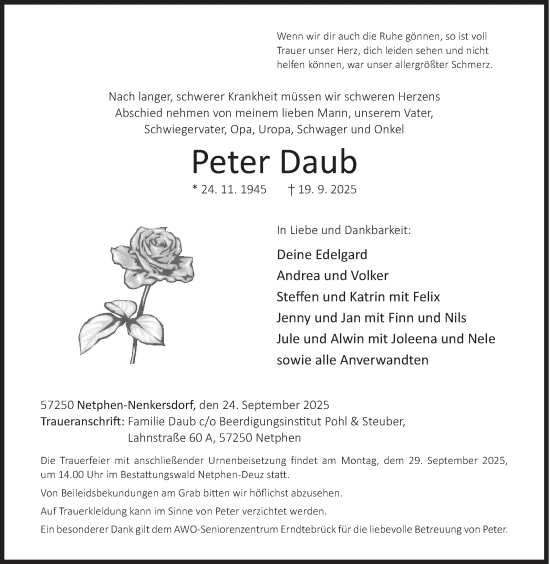 Traueranzeige von Peter Daub von Siegener Zeitung