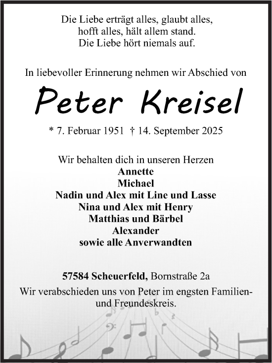 Traueranzeige von Peter Kreisel von Siegener Zeitung