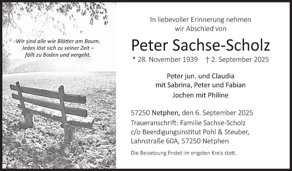  Traueranzeige für Peter Sachse-Scholz vom 06.09.2025 aus Siegener Zeitung