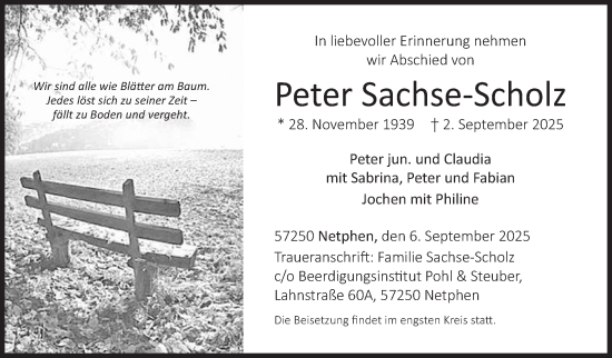 Traueranzeige von Peter Sachse-Scholz von Siegener Zeitung