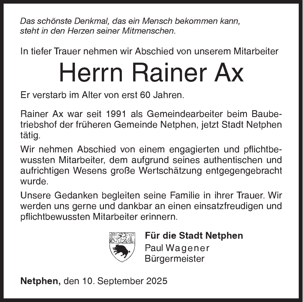  Traueranzeige für Rainer Ax vom 10.09.2025 aus Siegener Zeitung