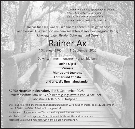 Traueranzeige von Rainer Ax von Siegener Zeitung