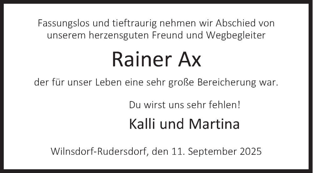  Traueranzeige für Rainer Ax vom 11.09.2025 aus Siegener Zeitung
