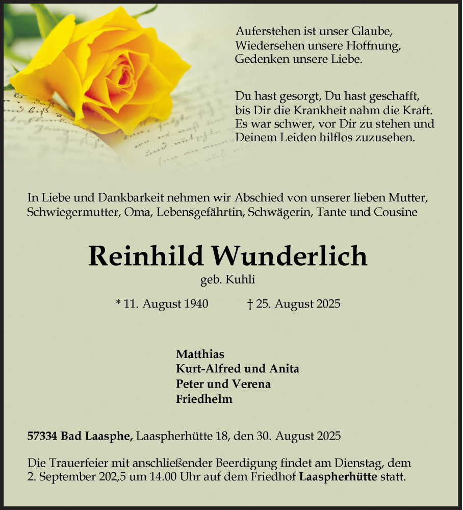  Traueranzeige für Reinhild Wunderlich vom 30.08.2025 aus Siegener Zeitung