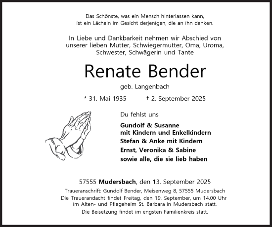 Traueranzeige von Renate Bender von Siegener Zeitung
