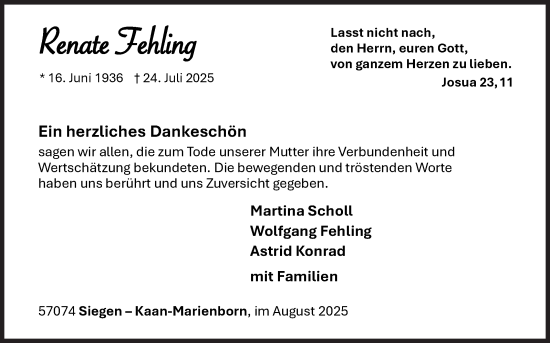 Traueranzeige von Renate Fehling von Siegener Zeitung