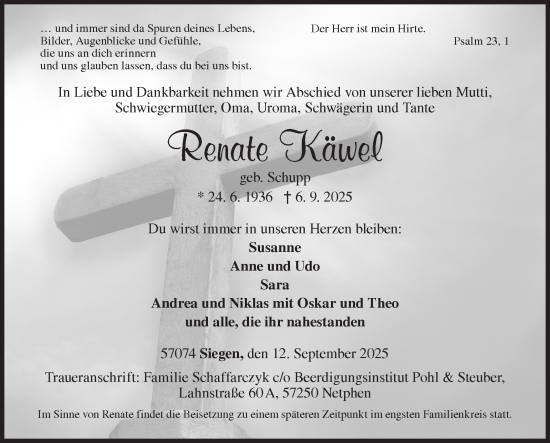 Traueranzeige von Renate Käwel von Siegener Zeitung