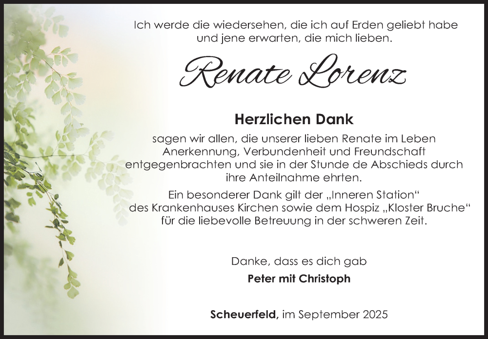  Traueranzeige für Renate Lorenz vom 05.09.2025 aus Siegener Zeitung