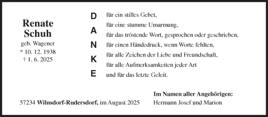 Traueranzeige von Renate Schuh von Siegener Zeitung