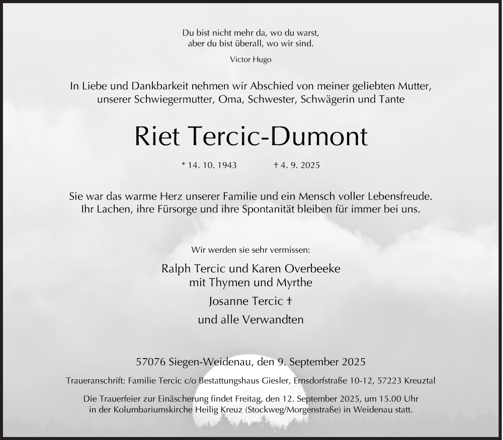  Traueranzeige für Riet Tercic-Dumont vom 09.09.2025 aus Siegener Zeitung